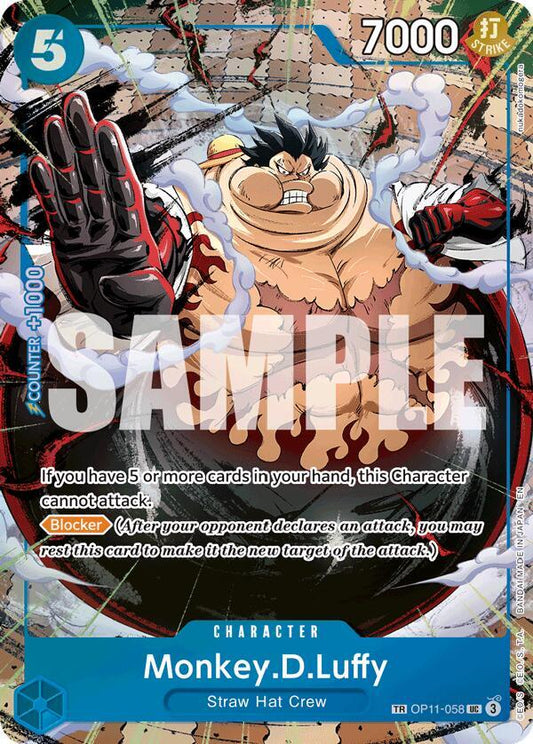 Bandai One Piece Card Game featuring Monkey D. Luffy carrying on his will, illustrated on card OP11-058.