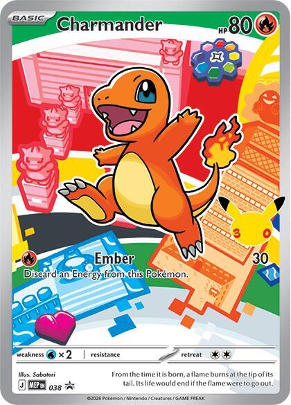 Pokémon TCG Charmander Mega Evolution Promo card featuring Charmander with vibrant artwork and special holo finish.