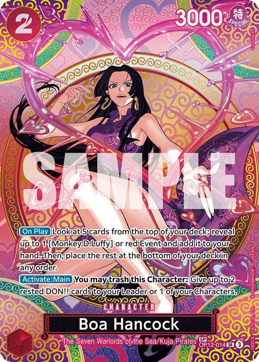 Bandai One Piece Card Game featuring Boa Hancock (SP) from Adventure on Kami's Island, card with character illustration and game details.