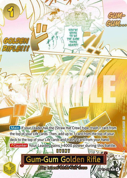 Bandai One Piece Gum-Gum Golden Rifle card from Adventure on Kami's Island set, featuring artwork of a character wielding a golden rifle.