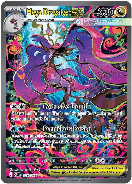 Mega Dragalge ex Pokémon TCG card from Chaos Rising set, featuring detailed artwork of a dragon and poison-type Pokémon.