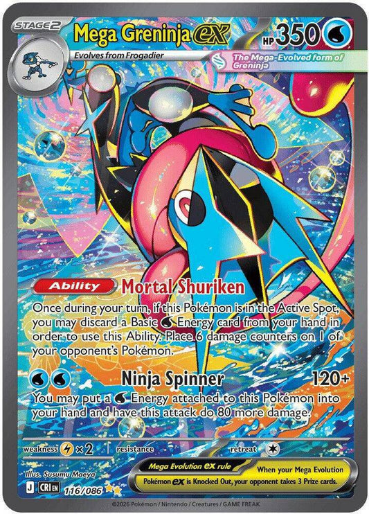 Mega Greninja ex Pokémon TCG card from Chaos Rising set, featuring a dynamic illustration of Mega Greninja in action.