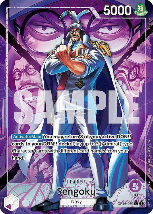 One Piece Card Game Sengoku (060) Alternate Art card featuring Sengoku with intricate artwork, brand Bandai, on a white background.