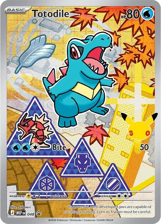 Pokémon TCG Mega Evolution Promo card featuring Totodile, Pokémon Company artwork, with vibrant colors and detailed design.