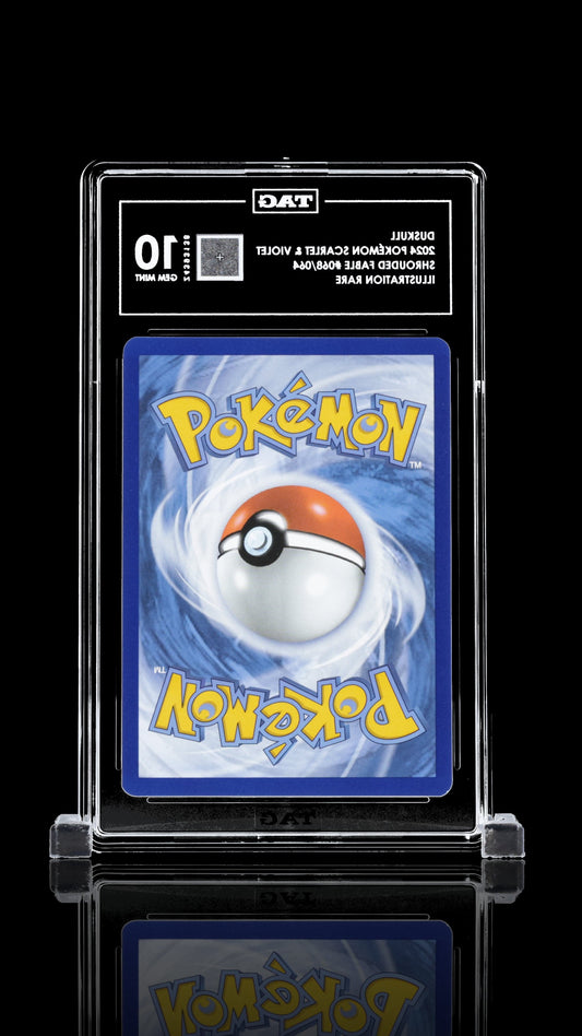 Close-up of 2024 Duskull IR Shrouded Fable-TAG 10 single graded Pokémon card by BlueGloveTCG, showing card details and holographic features.