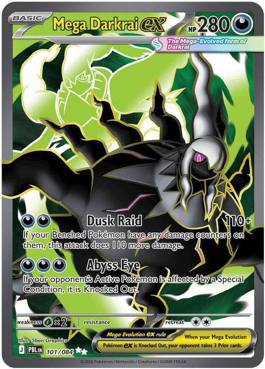 Mega Darkrai ex Pokémon TCG card, 101/084 from Pitch Black set, featuring Darkrai ex character in dynamic pose.