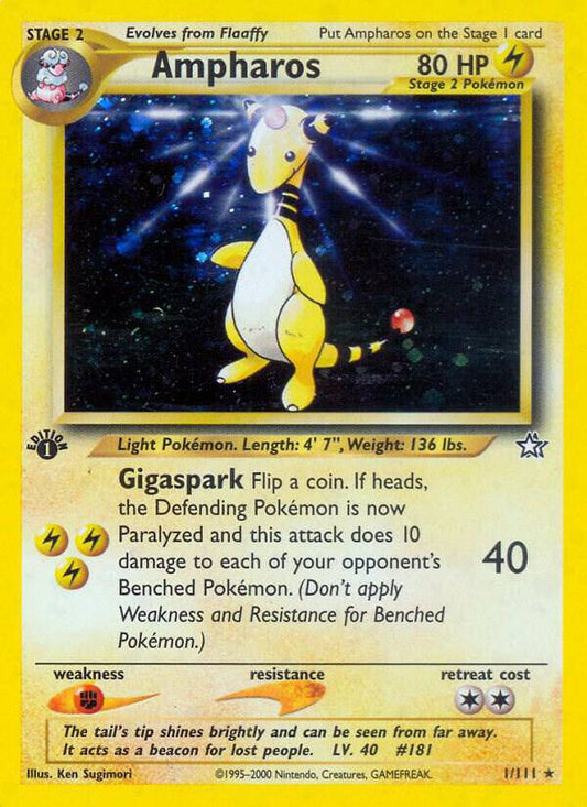 Ampharos Pokémon TCG card from Neo Genesis set, number 001/111, featuring the electric-type Pokémon in vibrant artwork.