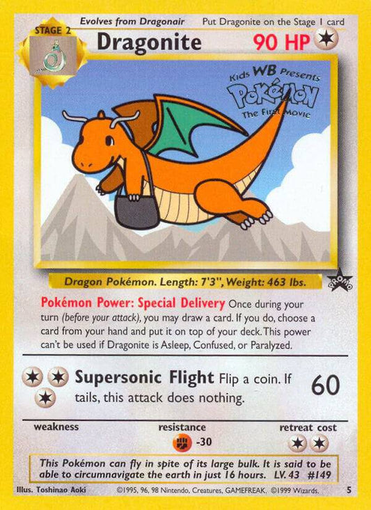 Dragonite Pokémon TCG card from WoTC promo set, featuring artwork of the iconic Dragon-type Pokémon in vibrant colors.