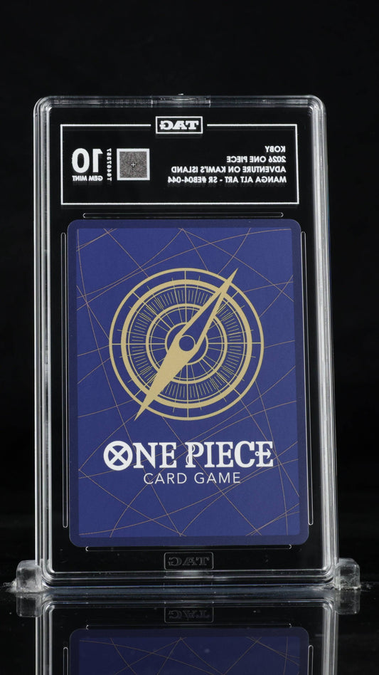 BlueGloveTCG graded One Piece Koby manga alt art card from TAG 10 Koby EB04-044 series, featuring vibrant character illustration.