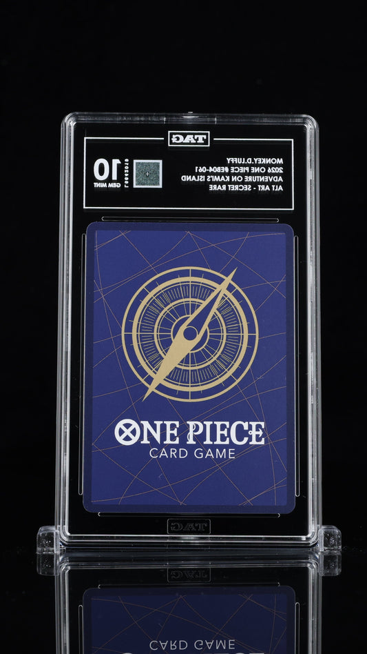 Graded BlueGloveTCG TAG 10 Monkey D. Luffy EB04-061 One Piece Card Game SR single card with vibrant artwork and serial number.