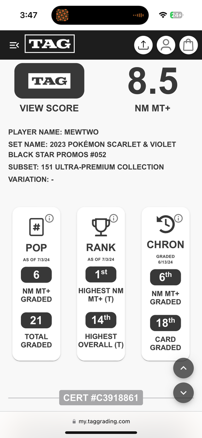 Mewtwo 151 UPC Promo TAG 8.5 (NM+)