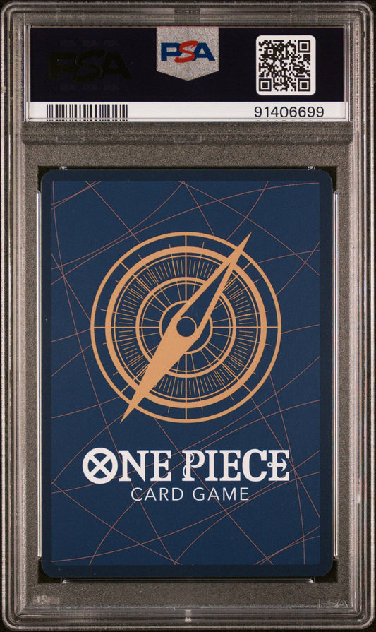 Single graded 2023 One Piece Jewelry Bonney tournament card from BlueGloveTCG, PSA 10 winner, front view with vibrant design.