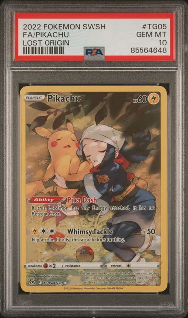 Pokémon Sword & Shield Lost Origin Pikachu card, FA/PIKACHU, PSA 10 grade, from BlueGloveTCG, shown in protective case.