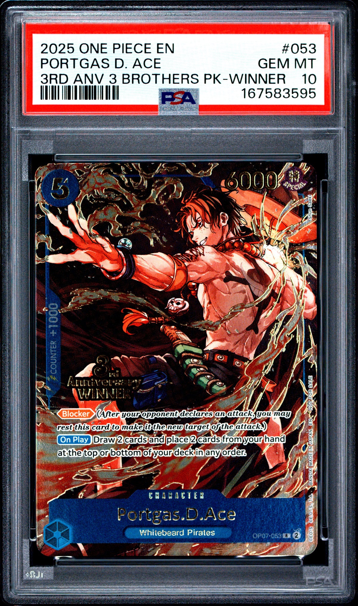 2025 One Piece 3rd Anniversary Tournament Portgas D. Ace 3 Brothers Pack card by BlueGloveTCG, PSA 10, front view with vibrant artwork