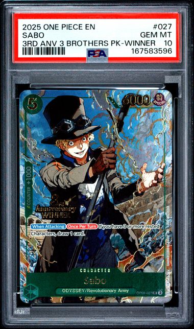 2025 One Piece 3rd Anniversary Tournament Sabo 3 Brothers Pack PSA 10 collectible card by BlueGloveTCG displayed in the image.