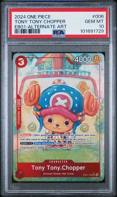 2024 One Piece EB01-Extra Booster Tony Tony Chopper Alternate Art PSA 10 trading card from BlueGloveTCG collection.