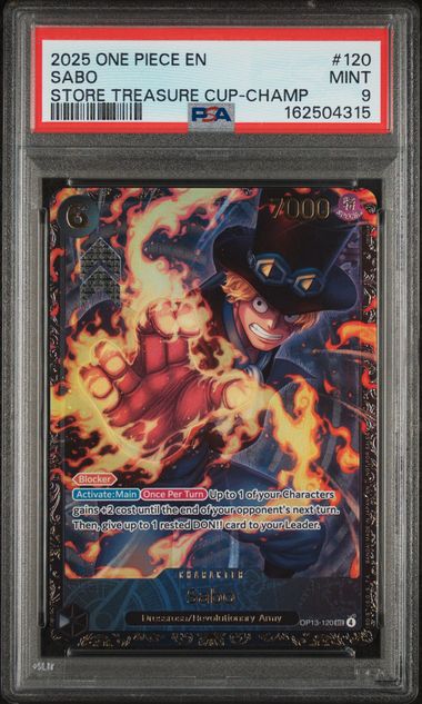 BlueGloveTCG 2025 One Piece Promos #120 Sabo Treasure Cup-Champ PSA 9 trading card in protective holder.