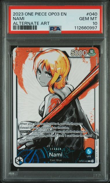 2023 ONE PIECE OP03-PILLARS OF STRENGTH #040 NAMI alternate art PSA 10 trading card from BlueGloveTCG, front view in protective case